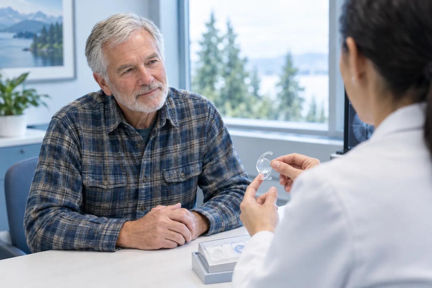 An ophthalmologist explaining a lens implant model to a patient during a consultation