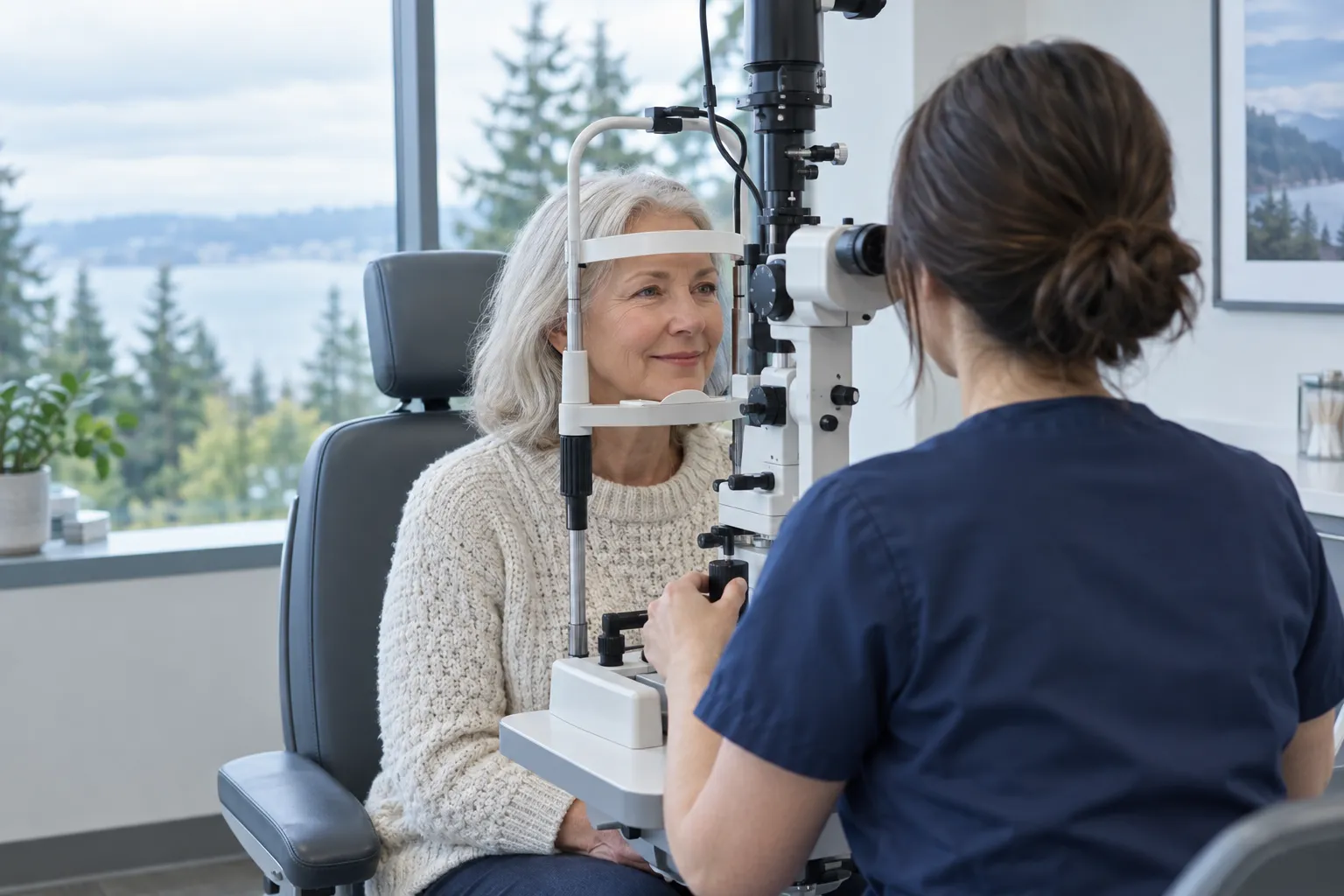 A patient smiling during a relaxed eye exam beside a window overlooking evergreens