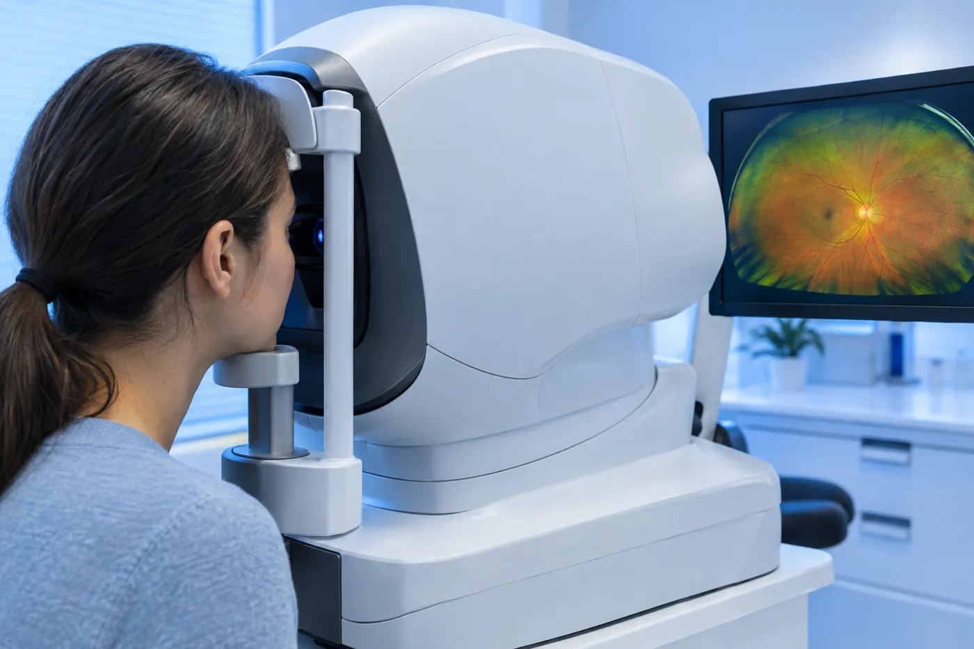 A patient positioned at a wide-field retinal imaging device
