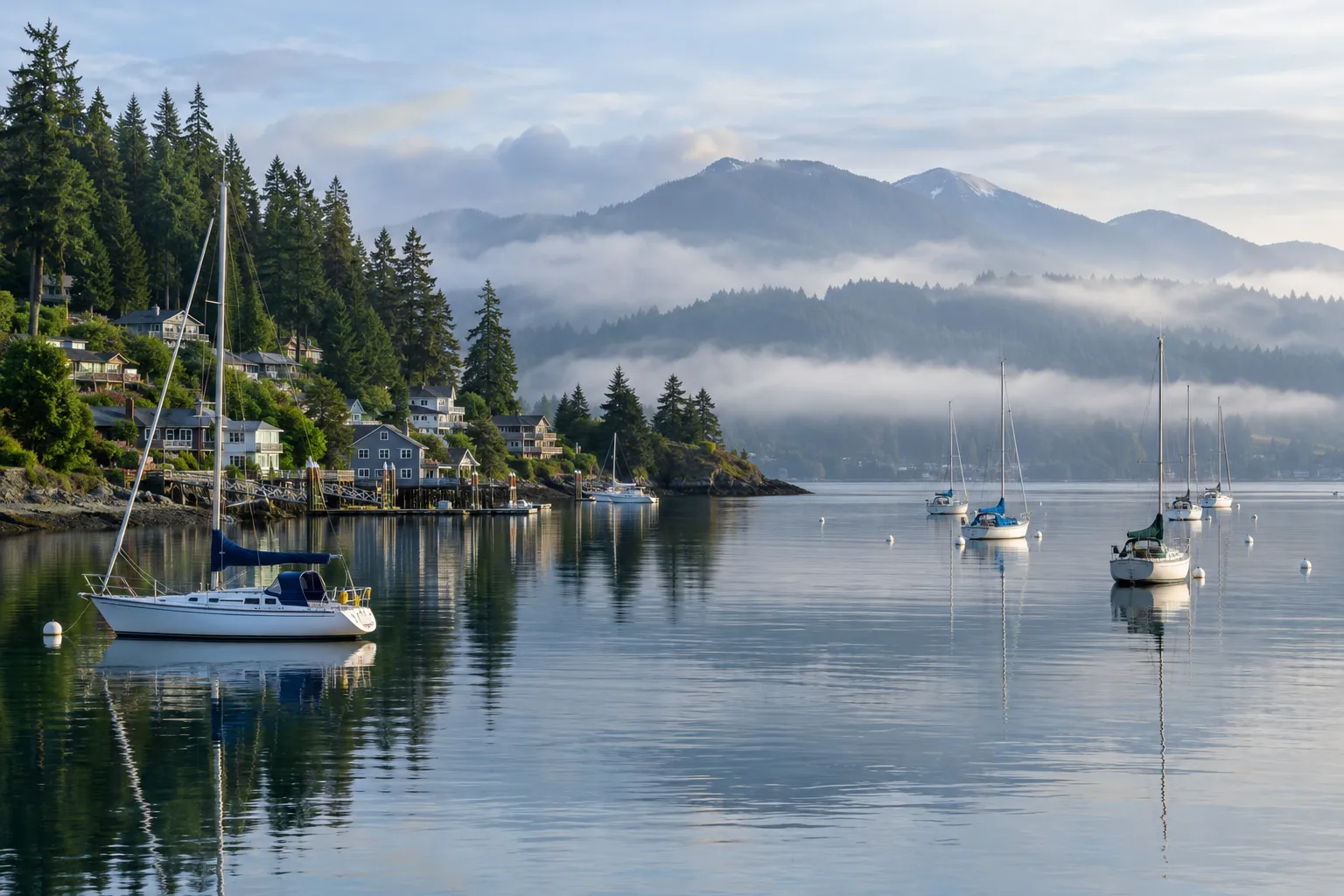 A calm Puget Sound harbor at morning with evergreen hills